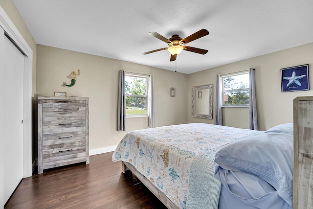 bedroom with baseboards, multiple windows, a closet, and dark wood-style floors