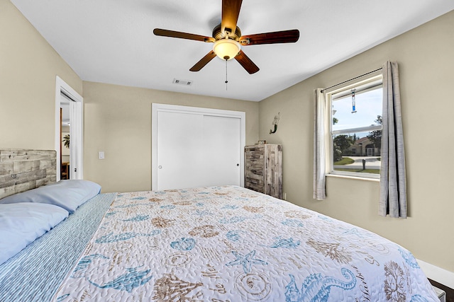 bedroom featuring visible vents, a closet, and a ceiling fan