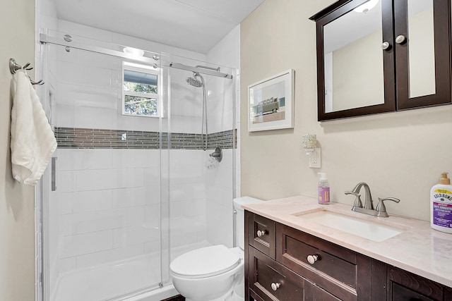 bathroom with vanity, a shower stall, and toilet