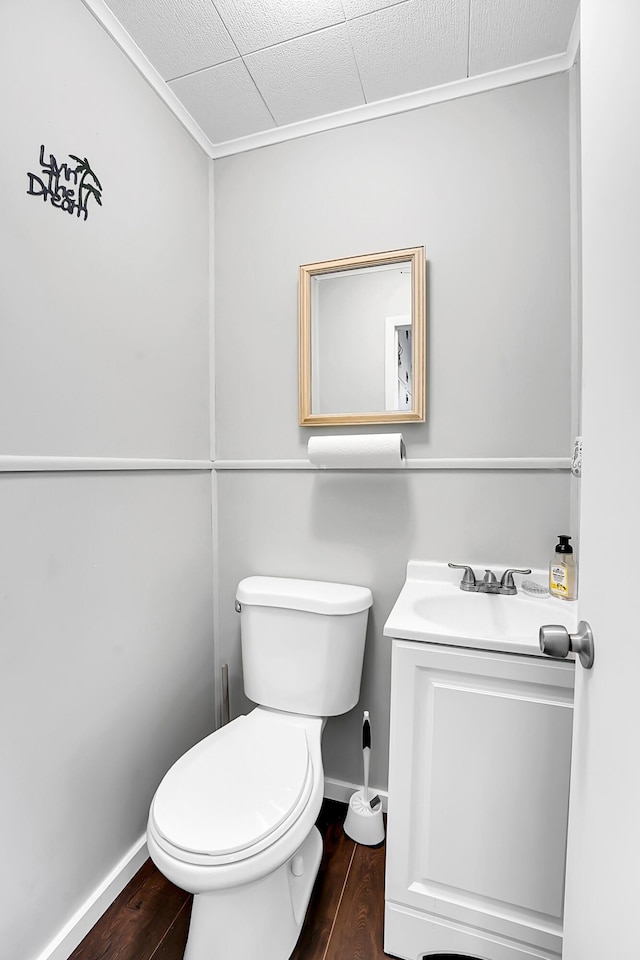 half bath with toilet, vanity, baseboards, and wood finished floors