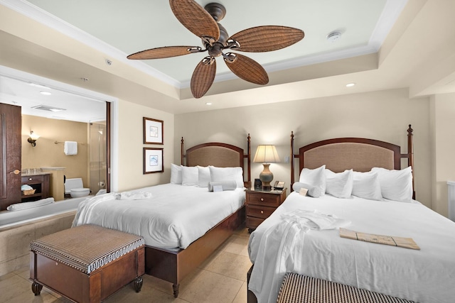 bedroom featuring recessed lighting, a raised ceiling, visible vents, ornamental molding, and light tile patterned flooring