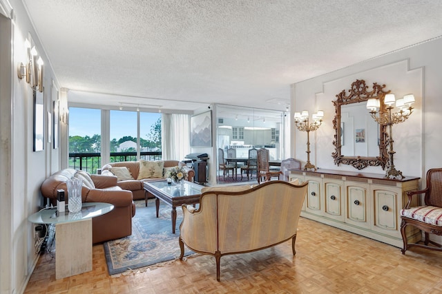 living area featuring a textured ceiling