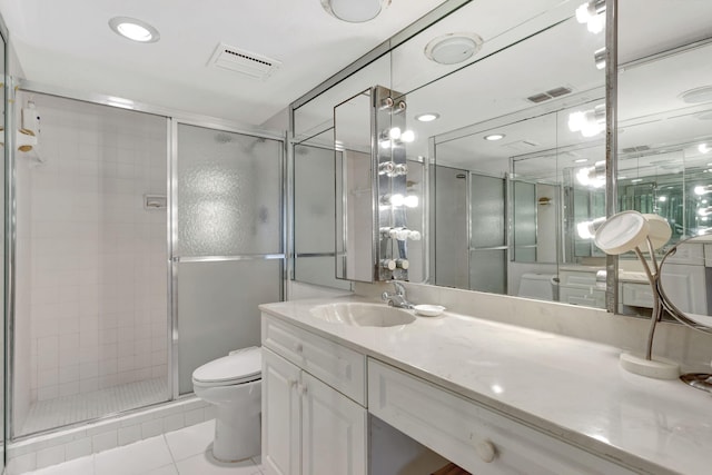 full bath with toilet, a stall shower, visible vents, and tile patterned floors