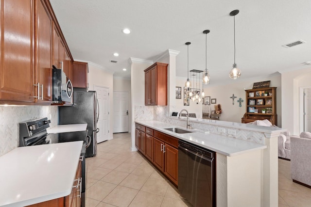 kitchen with dishwashing machine, a sink, open floor plan, electric stove, and stainless steel microwave