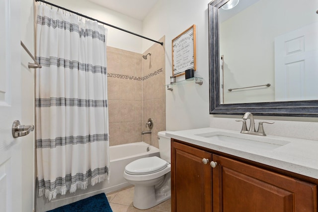 bathroom with toilet, shower / bath combo, vanity, and tile patterned floors