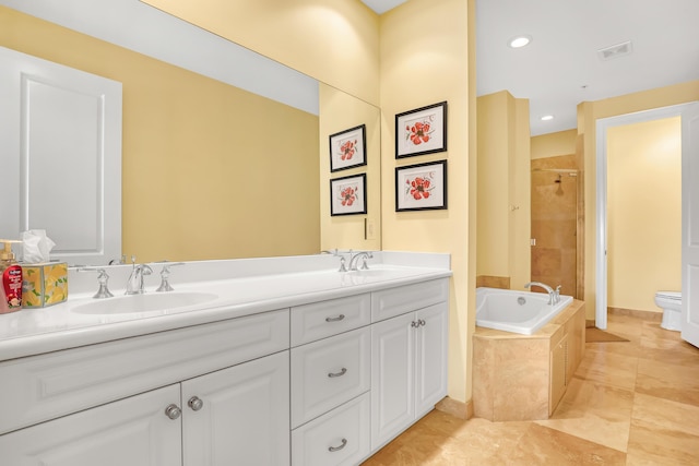 full bath with visible vents, tiled shower, tiled tub, a sink, and toilet