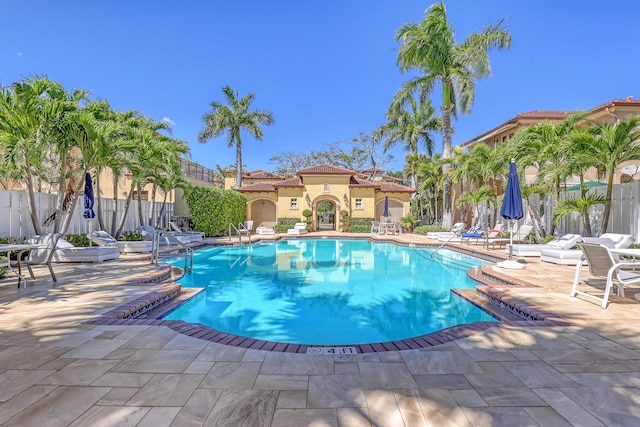 view of pool featuring a fenced in pool, a patio, and fence