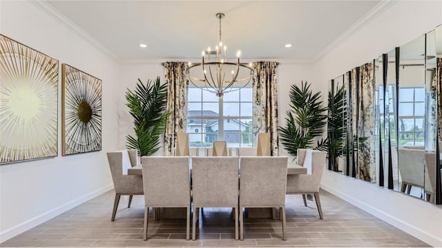 dining room featuring a chandelier, wood tiled floor, ornamental molding, and plenty of natural light