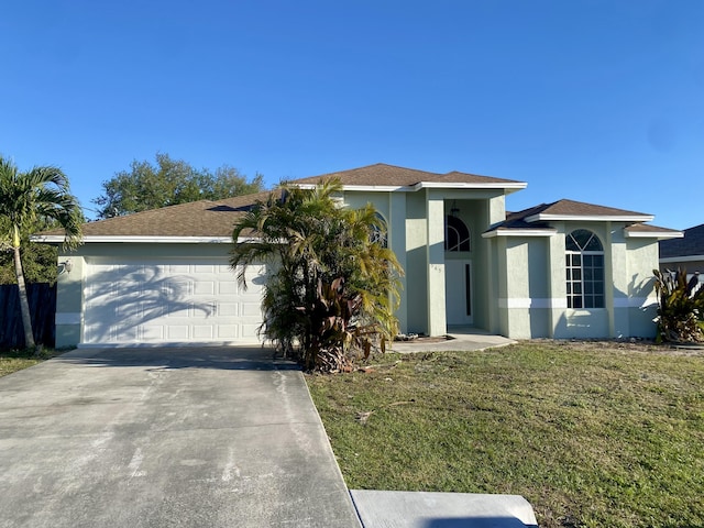 view of front of house featuring a front yard, concrete driveway, an attached garage, and stucco siding