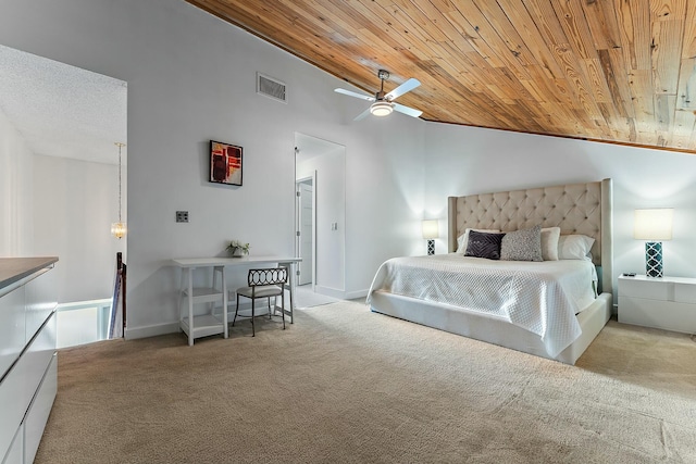 carpeted bedroom with lofted ceiling, wood ceiling, and visible vents