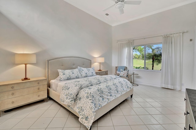 bedroom with crown molding, light tile patterned flooring, baseboards, and ceiling fan