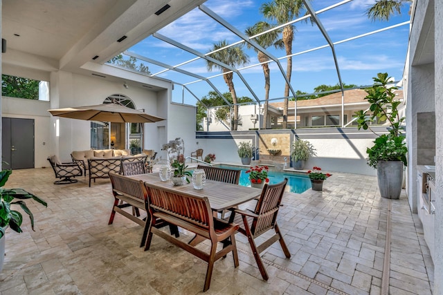 view of patio / terrace featuring outdoor dining area, an outdoor living space, glass enclosure, and a fenced in pool