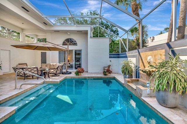 pool with a patio area, an outdoor living space, and a lanai