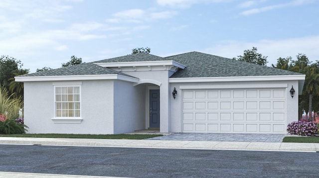 single story home with a shingled roof, decorative driveway, an attached garage, and stucco siding