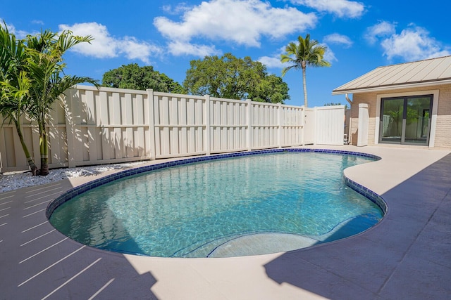 view of pool featuring a fenced in pool, a fenced backyard, and a patio area