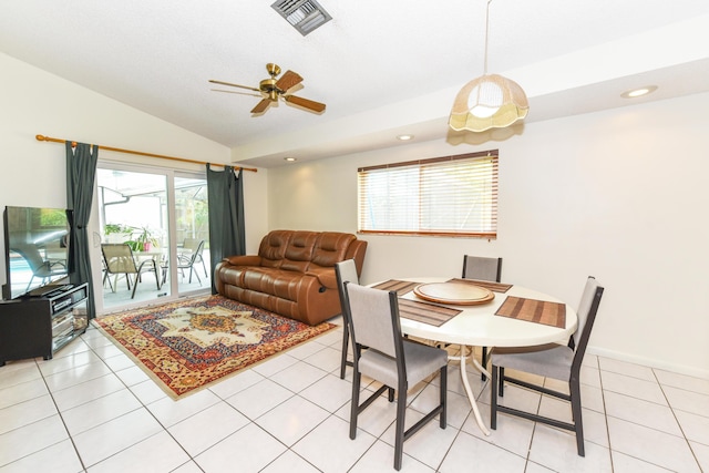 dining area featuring light tile patterned floors, lofted ceiling, visible vents, and recessed lighting