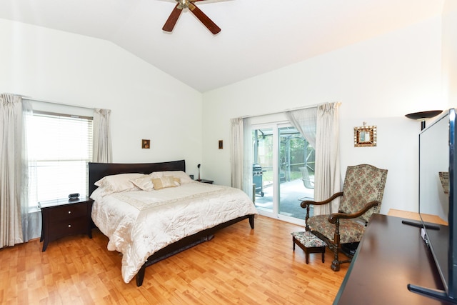 bedroom with access to outside, light wood-type flooring, high vaulted ceiling, and a ceiling fan