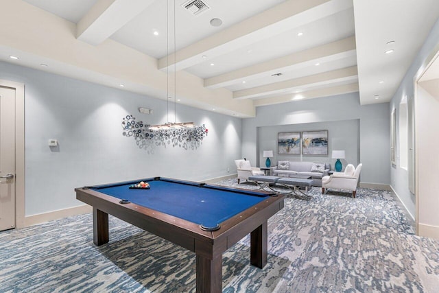 game room featuring baseboards, visible vents, beam ceiling, and pool table