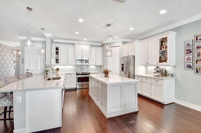 kitchen with a peninsula, dark wood finished floors, stainless steel appliances, and a sink