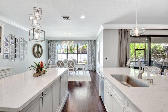 kitchen with dark wood-style floors, ornamental molding, a textured ceiling, and a sink