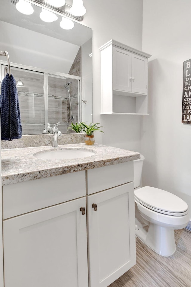 bathroom with toilet, a stall shower, and vanity