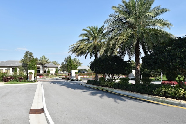 view of street featuring curbs, a gated entry, and a gate