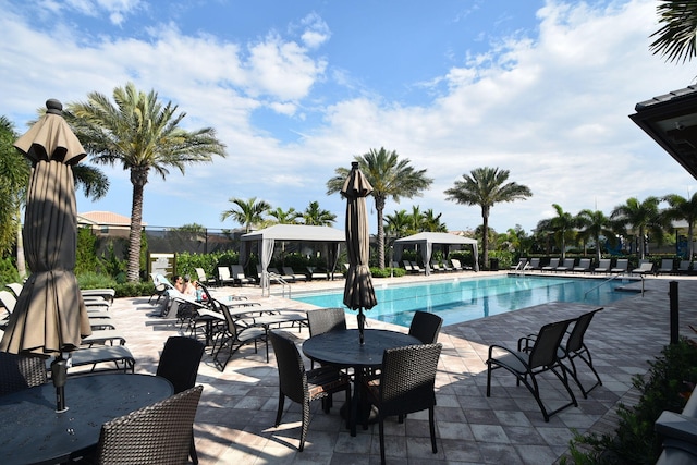 pool with a patio and a gazebo