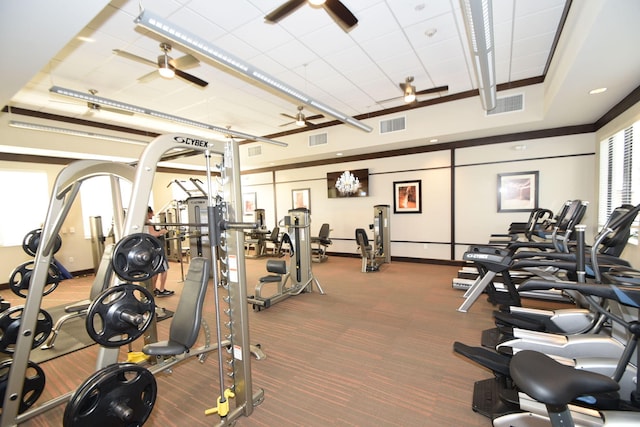 workout area featuring visible vents, ceiling fan, and carpet flooring