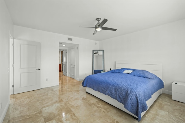 bedroom featuring visible vents, marble finish floor, a ceiling fan, and baseboards