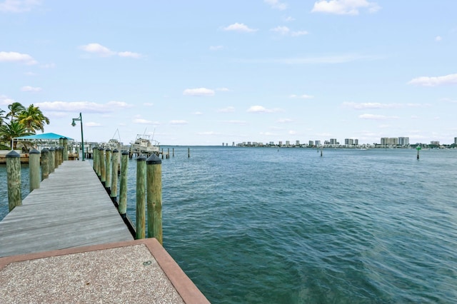 dock area featuring a water view and a city view