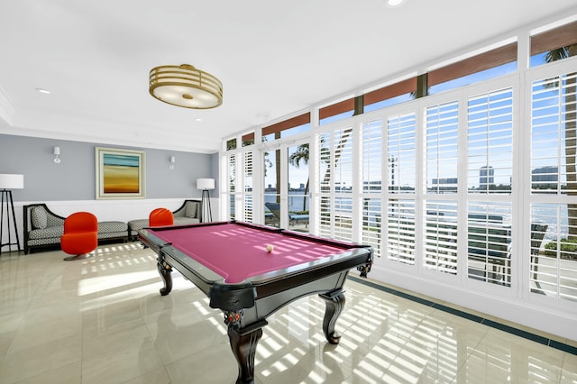 game room with tile patterned flooring, recessed lighting, and billiards