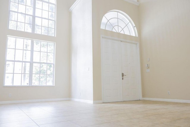 entryway with plenty of natural light, a towering ceiling, and baseboards