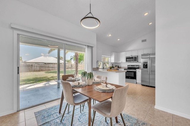 dining space featuring baseboards, visible vents, light tile patterned flooring, high vaulted ceiling, and recessed lighting