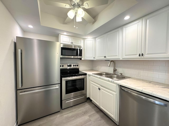 kitchen featuring appliances with stainless steel finishes, a sink, a tray ceiling, white cabinetry, and backsplash