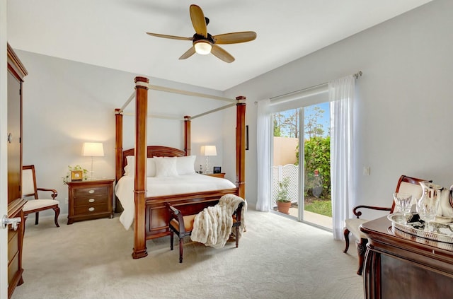 bedroom featuring light colored carpet, ceiling fan, and access to outside