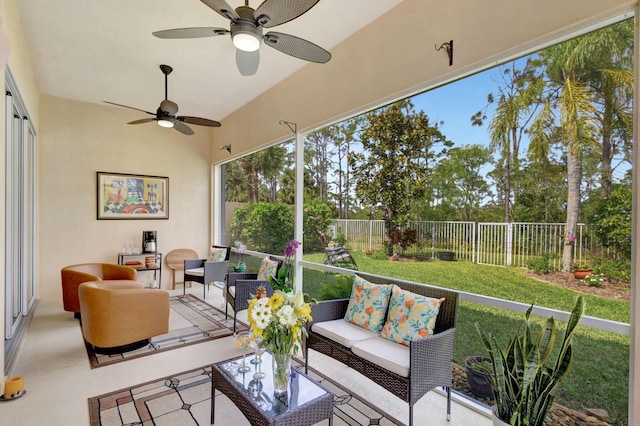 sunroom / solarium with ceiling fan