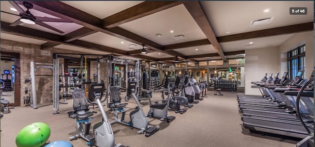 gym with carpet flooring, visible vents, coffered ceiling, and ceiling fan