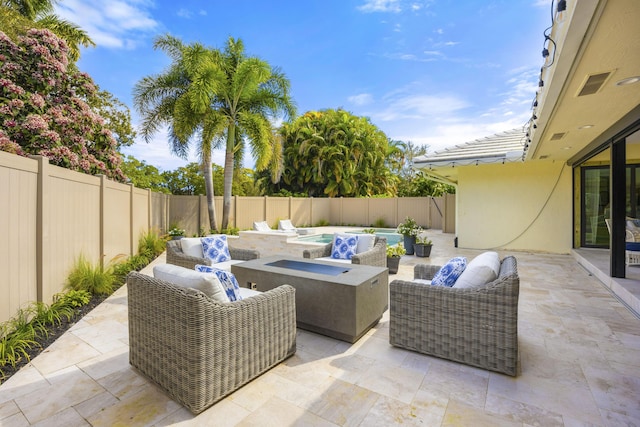 view of patio / terrace with an outdoor living space, a fenced backyard, and a fenced in pool