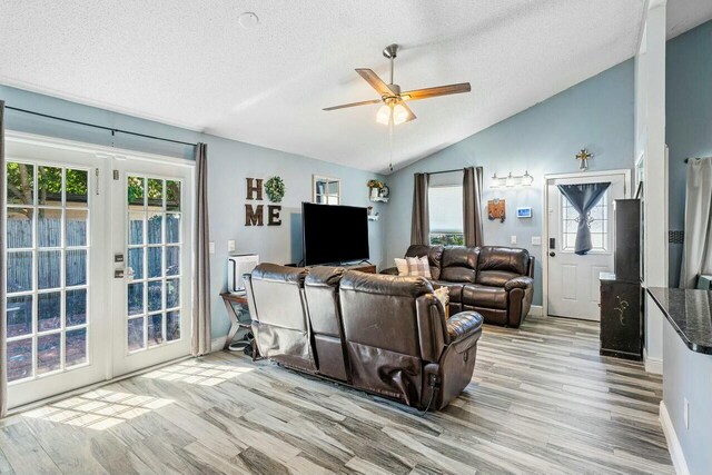 living room with french doors, plenty of natural light, lofted ceiling, and wood finished floors