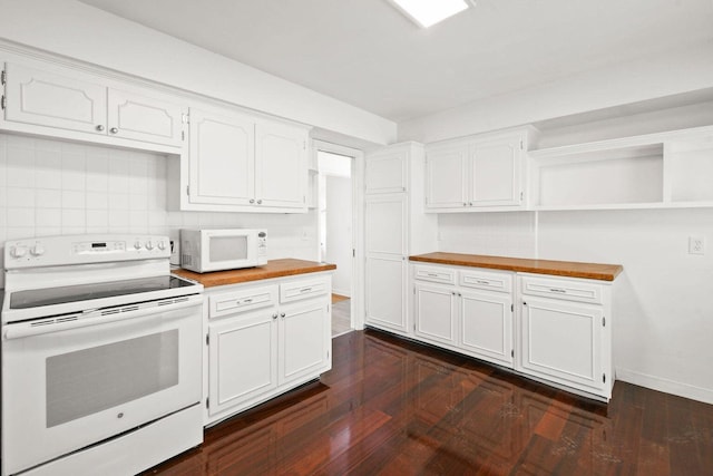 kitchen with white cabinets, white appliances, open shelves, and wooden counters