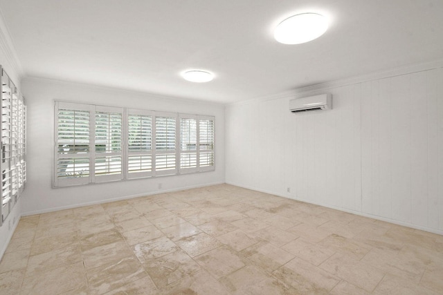 unfurnished room featuring ornamental molding and a wall mounted AC