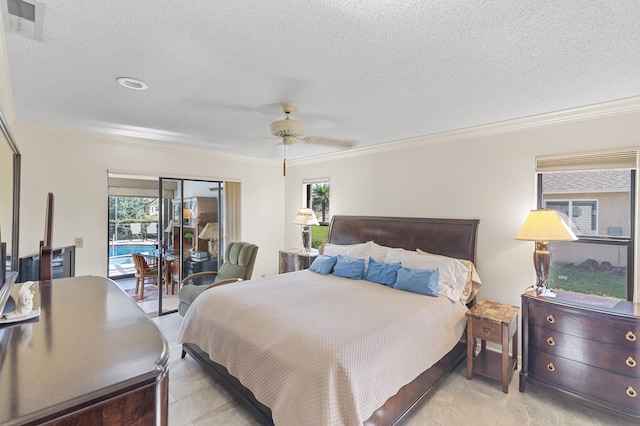 bedroom with access to exterior, visible vents, a textured ceiling, and crown molding