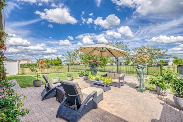 view of patio with a fenced backyard and an outdoor living space