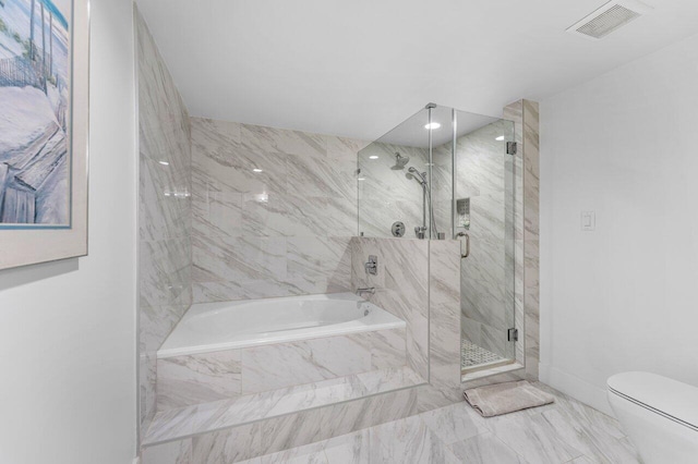 bathroom with a marble finish shower, baseboards, visible vents, toilet, and a bath