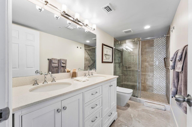 bathroom featuring a stall shower, visible vents, and a sink