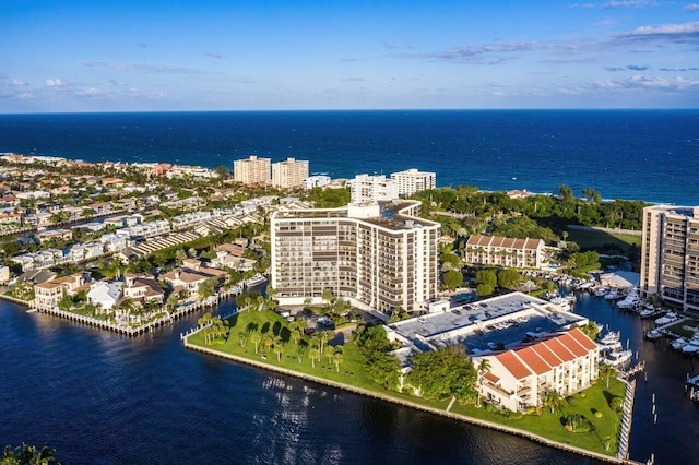 bird's eye view with a water view