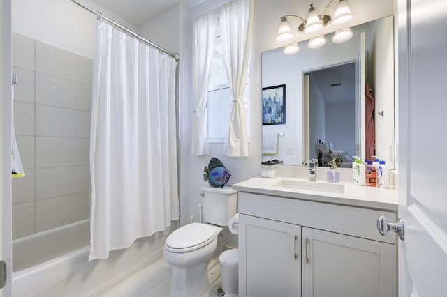 bathroom with shower / bath combination with curtain, visible vents, vanity, and toilet