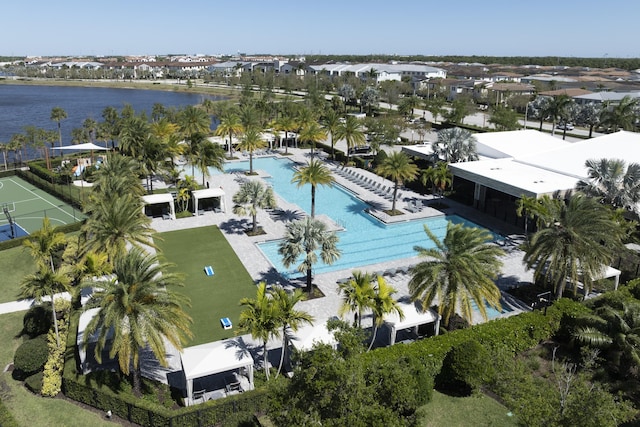 aerial view with a water view and a residential view