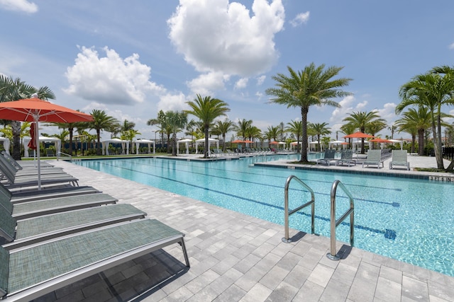 community pool with a patio area