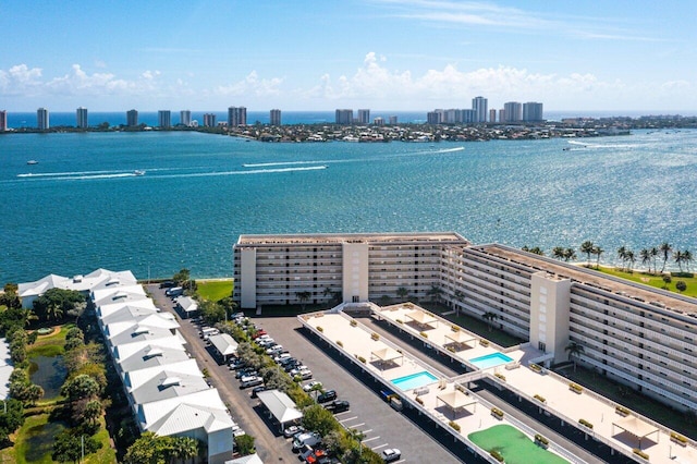 bird's eye view with a view of city and a water view